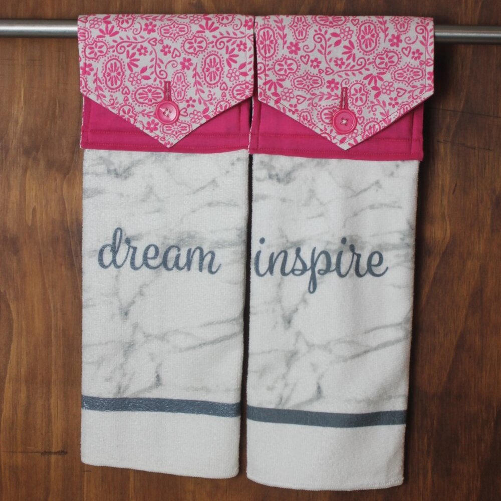 " DREAM - INSPIRE" PRINT SET OF 2 PINK & WHITE HANDMADE HANGING KITCHEN TOWEL